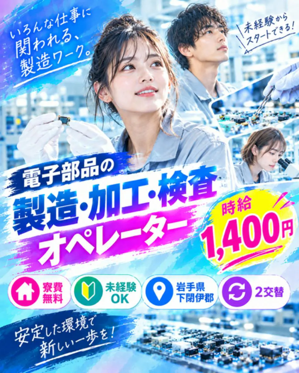 ☆今だけ転職支援金10万円☆★岩手県沿岸地域・電子機器部品の製造・検査のお仕事♪時給はずーっと高時給の1,400円で寮費も無料♪★昇給・賞与・退職金制度制度あり♬ 工場内軽作業♬