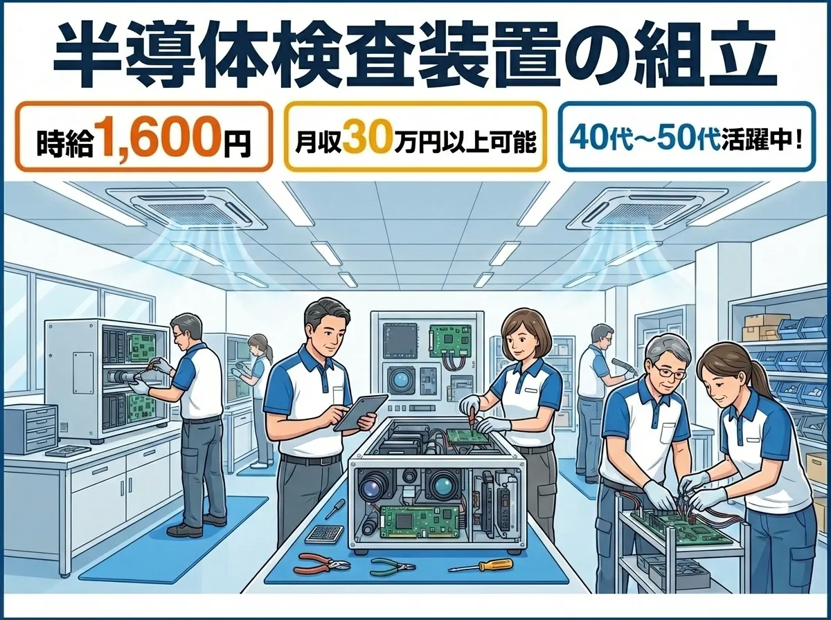 空調完備の環境で検査装置を工具を使って組立をするお仕事/40代～50代の男女活躍中！未経験OK！時給1600円！！