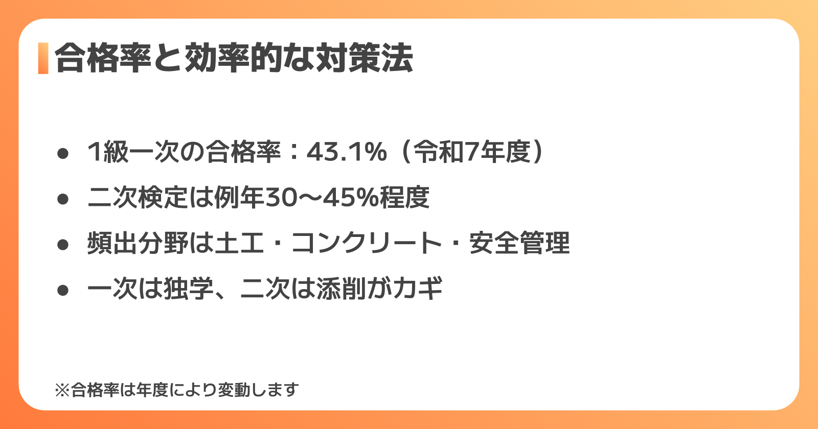 土木施工管理技士 合格率と出題傾向