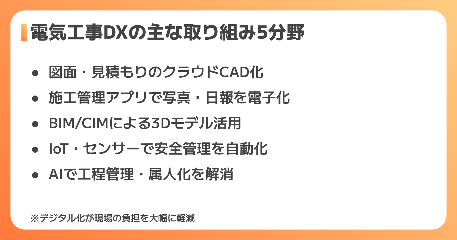 電気工事DXの主な取り組み5分野