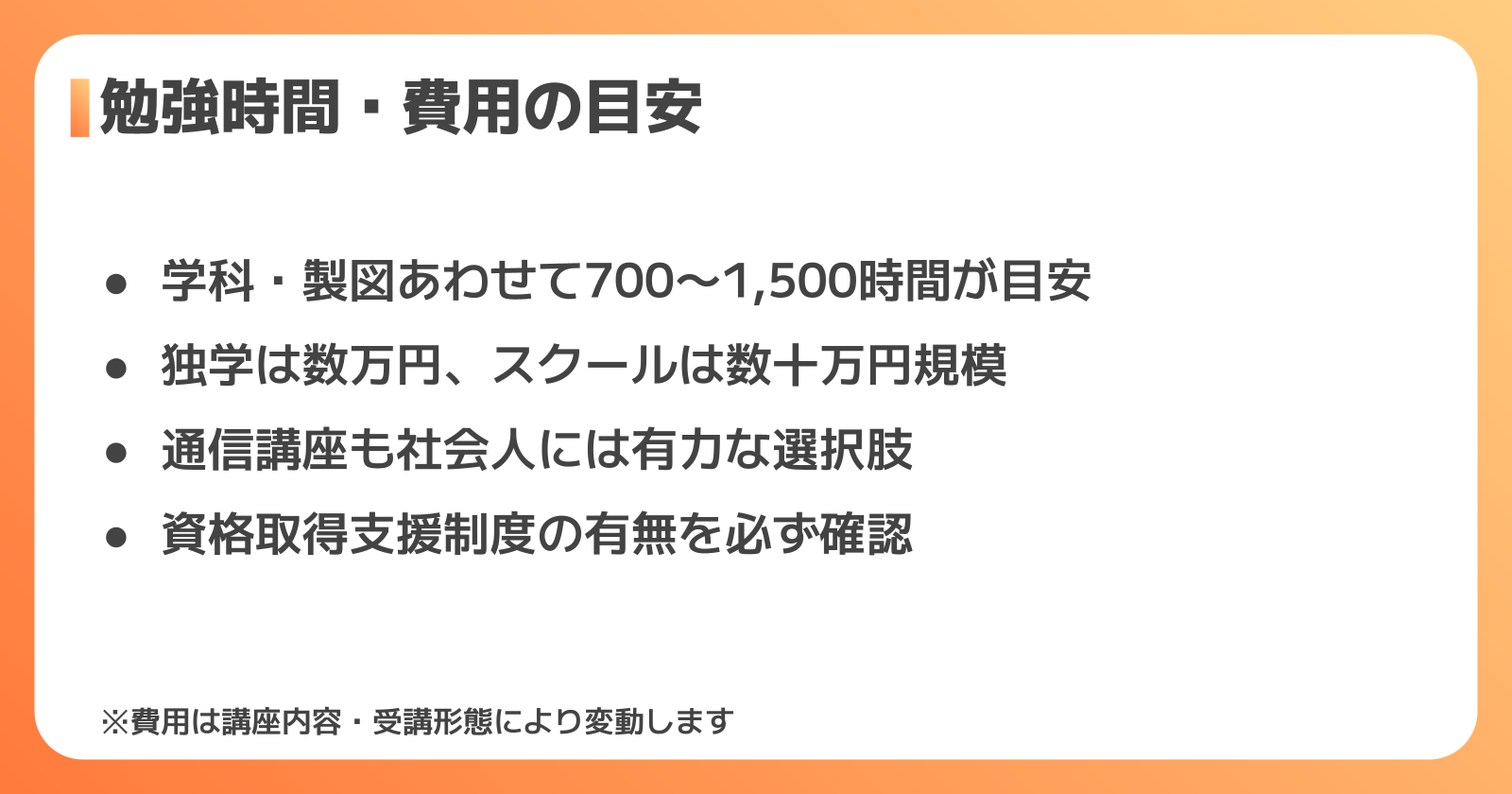 一級建築士の勉強時間・費用の目安