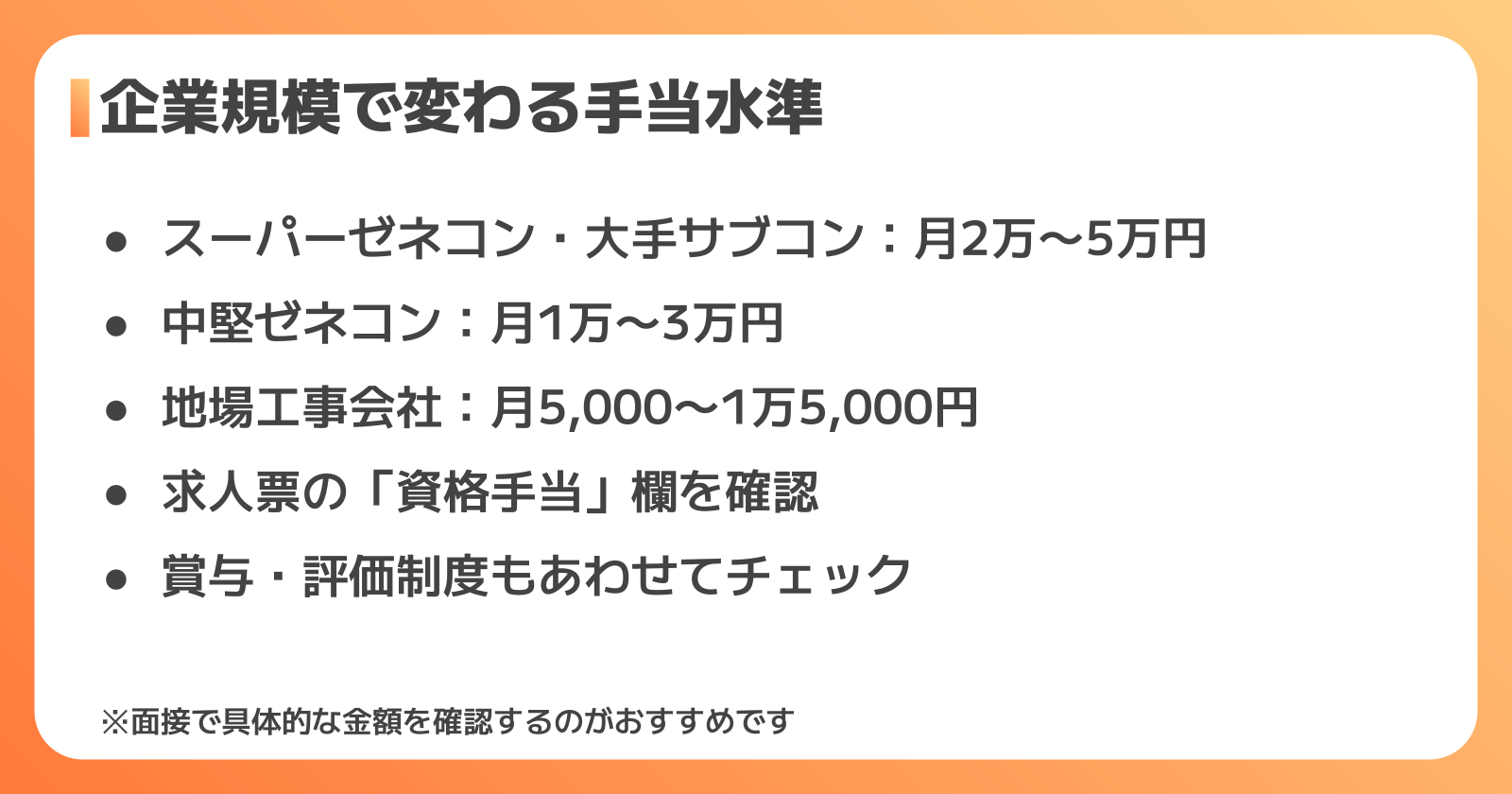 企業規模別の一級管工事施工管理技士の手当額