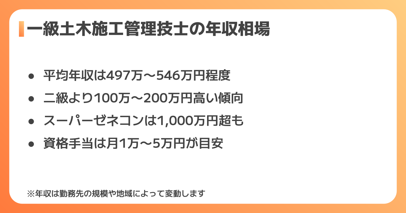 一級土木施工管理技士の年収・待遇の相場