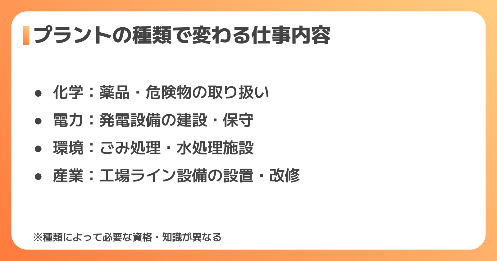 プラントの種類別の仕事内容