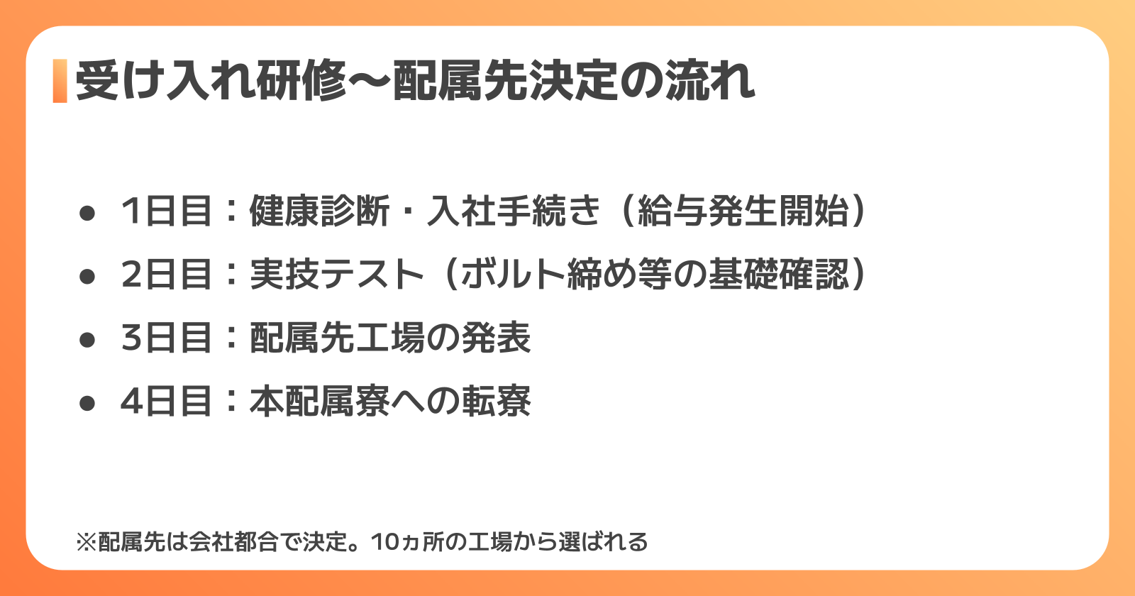 受け入れ研修4日間の流れと配属先決定