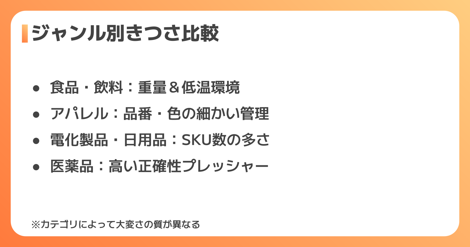 商品ジャンル別ピッキングのきつさ比較