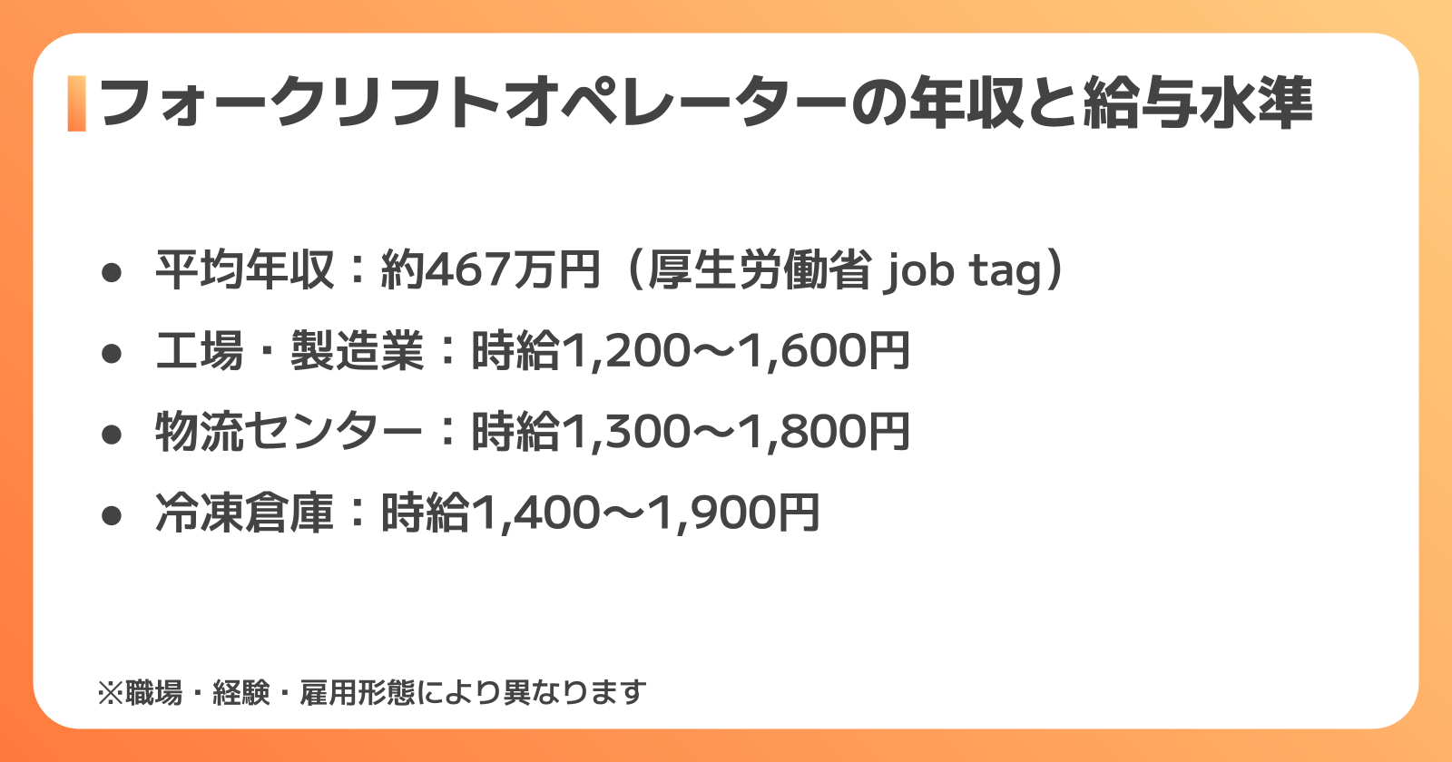フォークリフトオペレーターの年収と給与水準