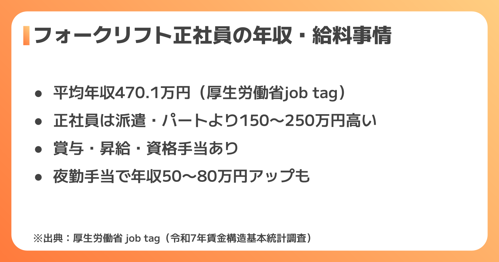フォークリフト正社員の年収と待遇比較
