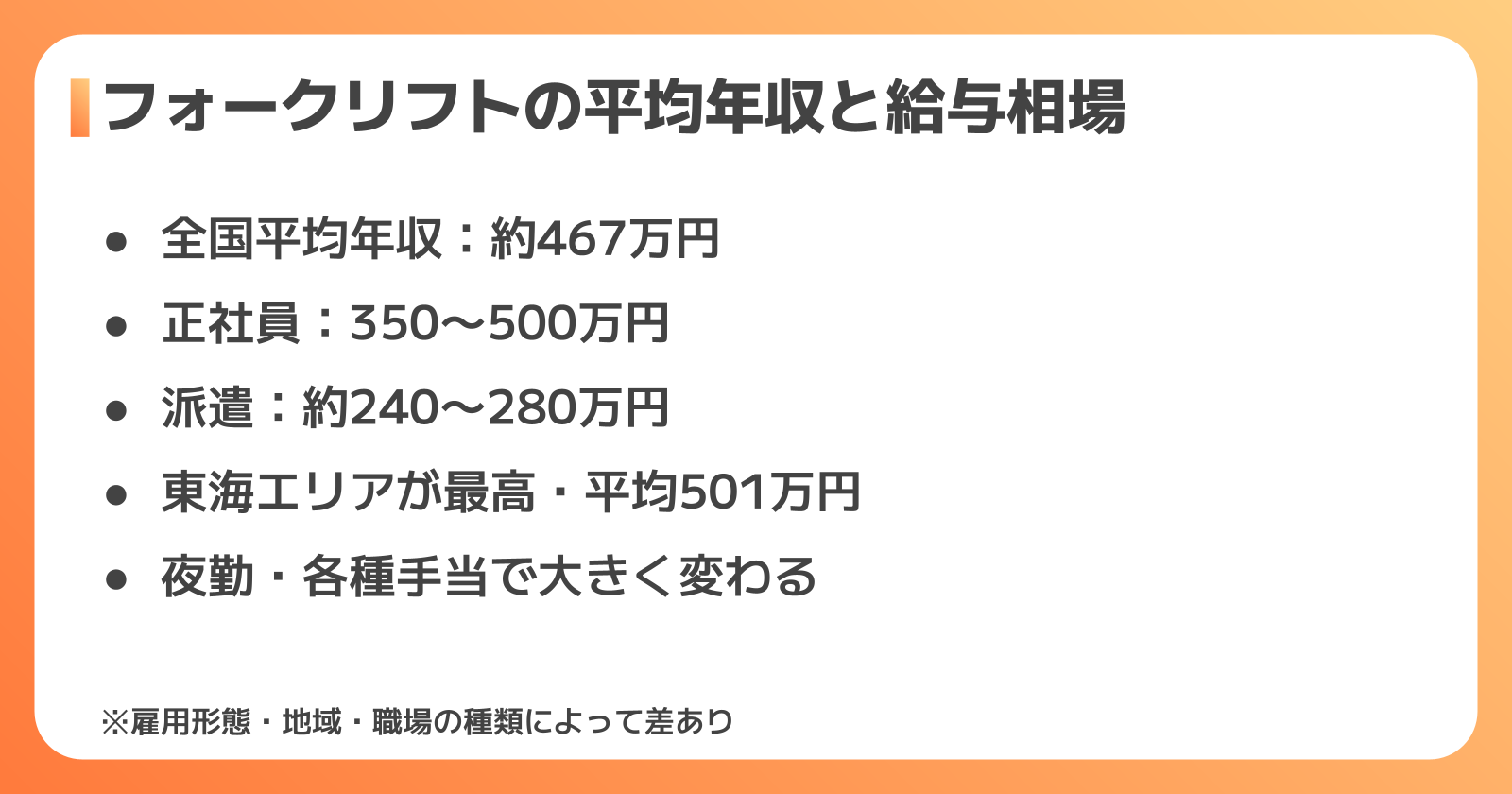 フォークリフトオペレーターの平均年収と給与相場