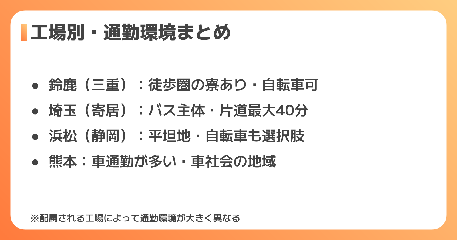 ホンダ期間工の工場別通勤環境まとめ