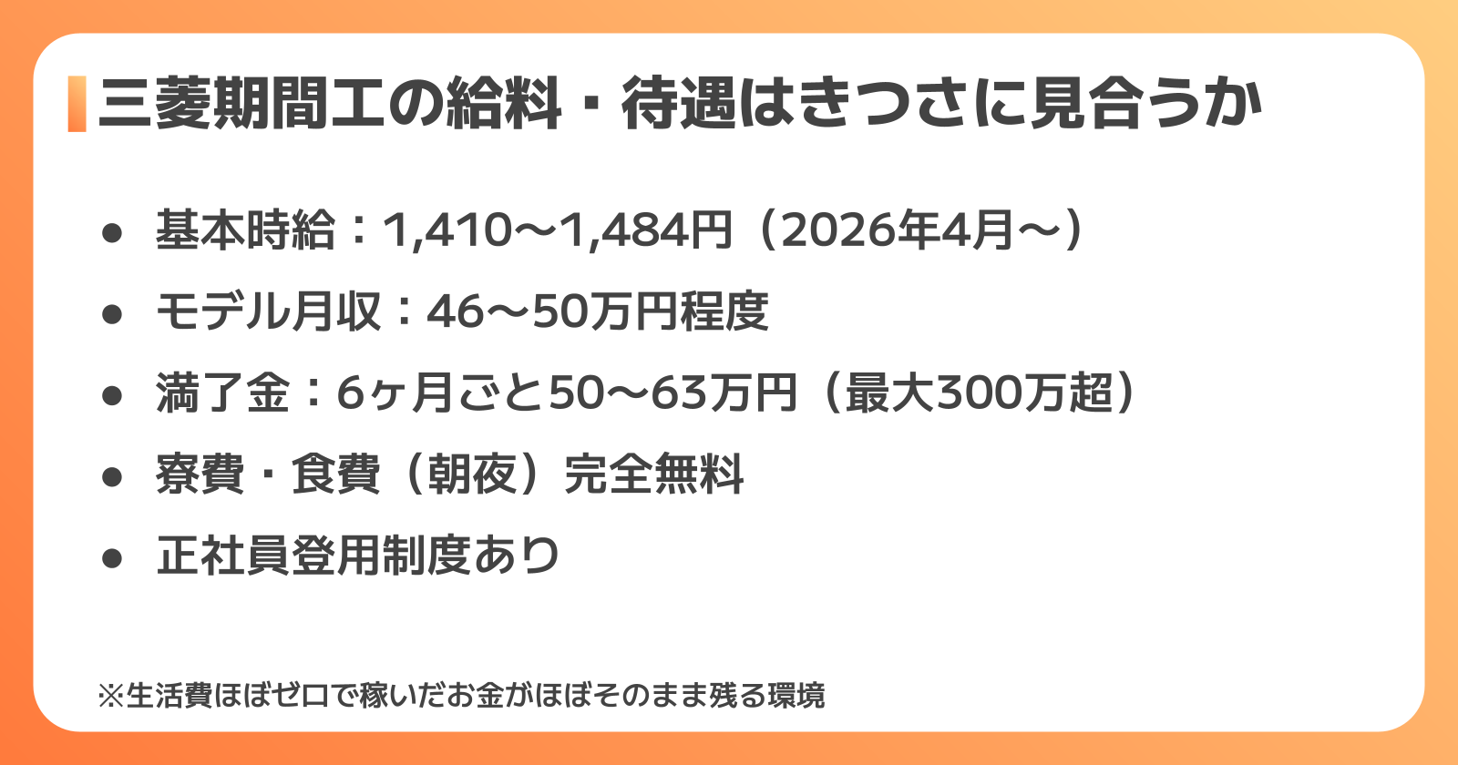 三菱期間工の給料・待遇・寮の実態