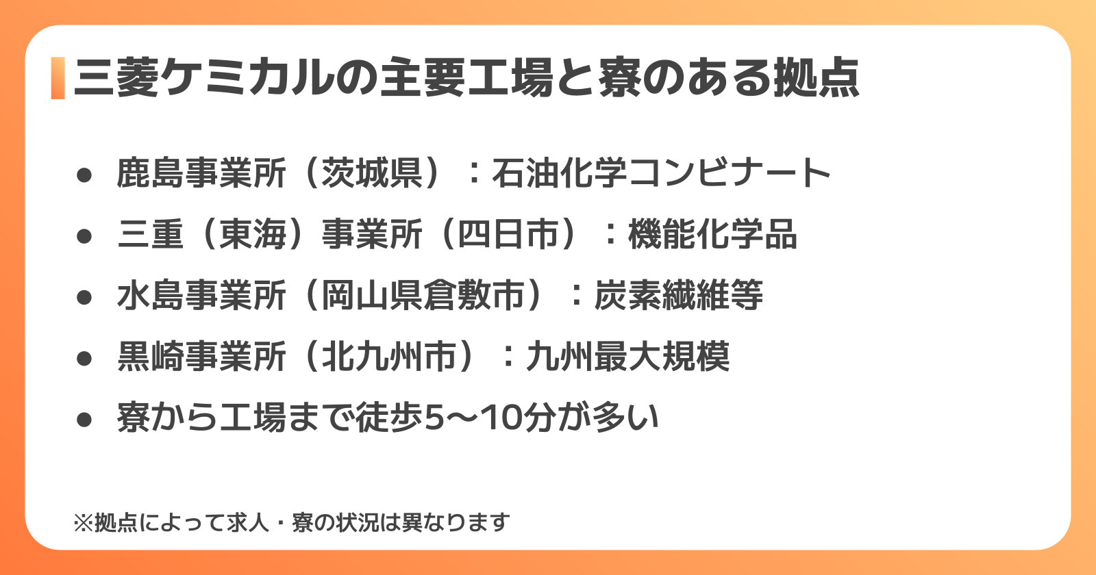 三菱ケミカルの主要工場と寮のある拠点