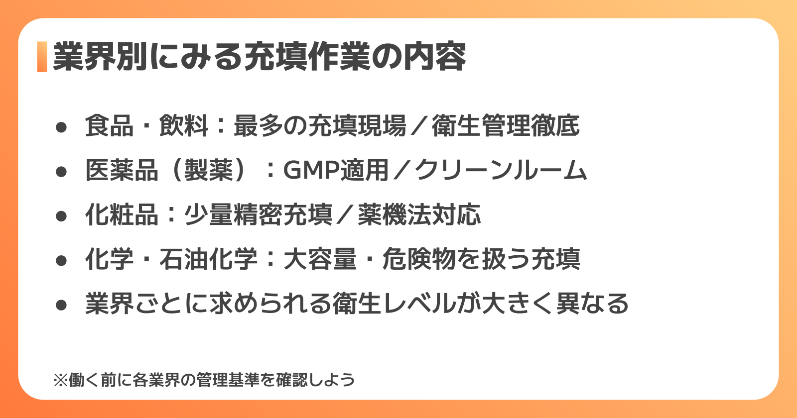 業界別にみる充填作業