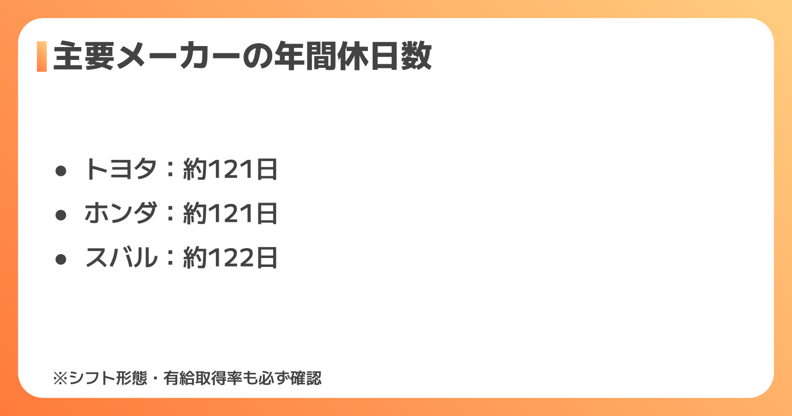 メーカー別・期間工の休日事情