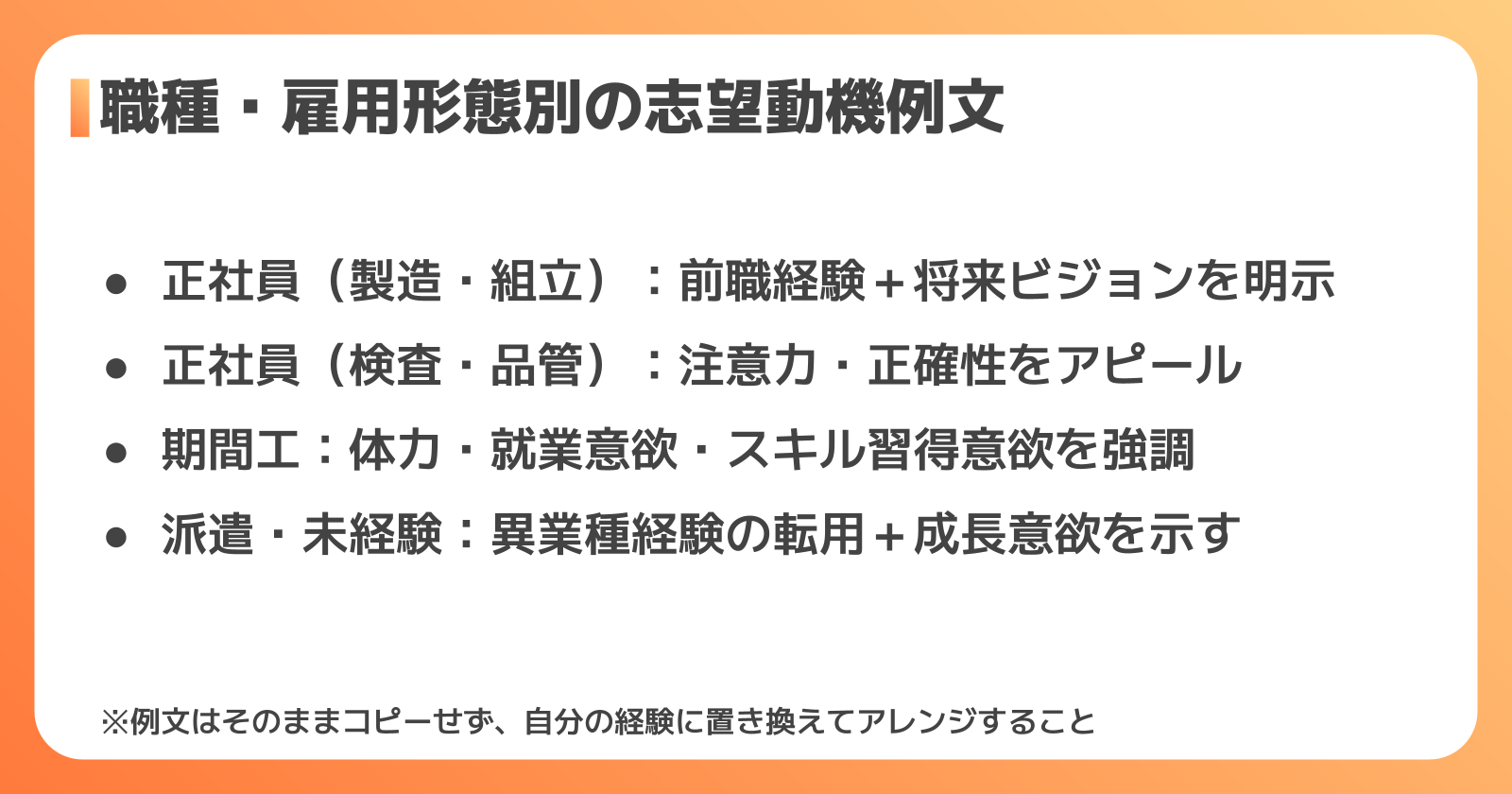 職種・雇用形態別の志望動機例文