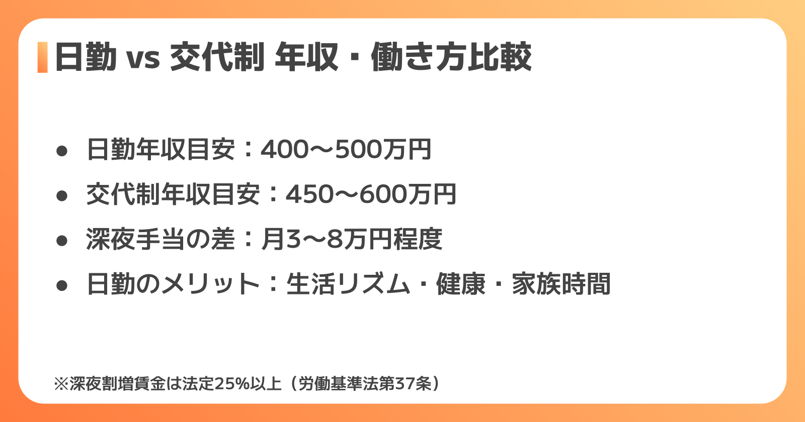 日勤と夜勤・交代制の年収・働き方比較