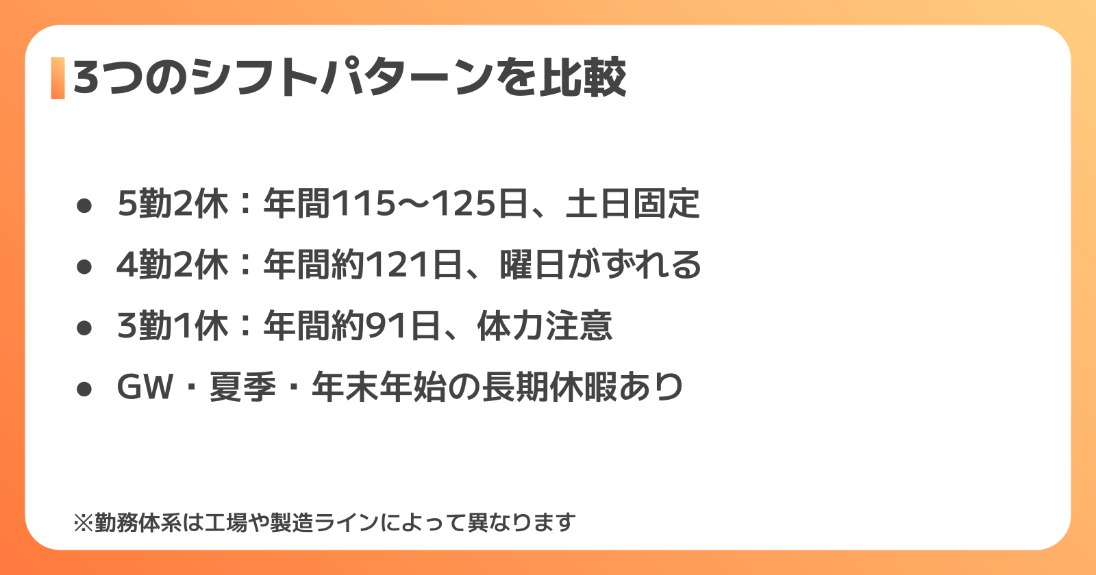 食品工場のシフトパターンと年間休日