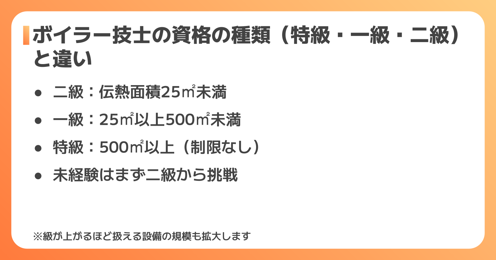 ボイラー技士の資格の種類(特級・一級・二級)と違い