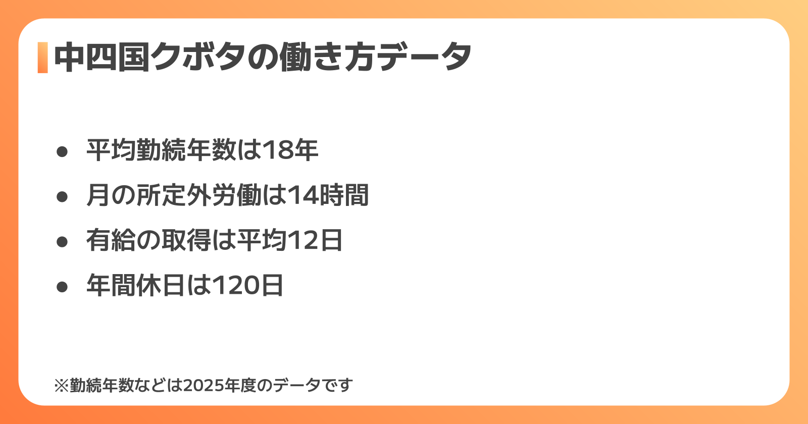 中四国クボタの会社概要と働き方データ｜勤続年数18年・年間休日120日