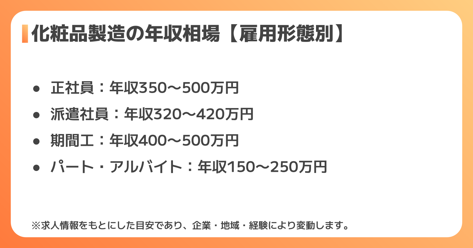 化粧品製造 雇用形態別の年収相場