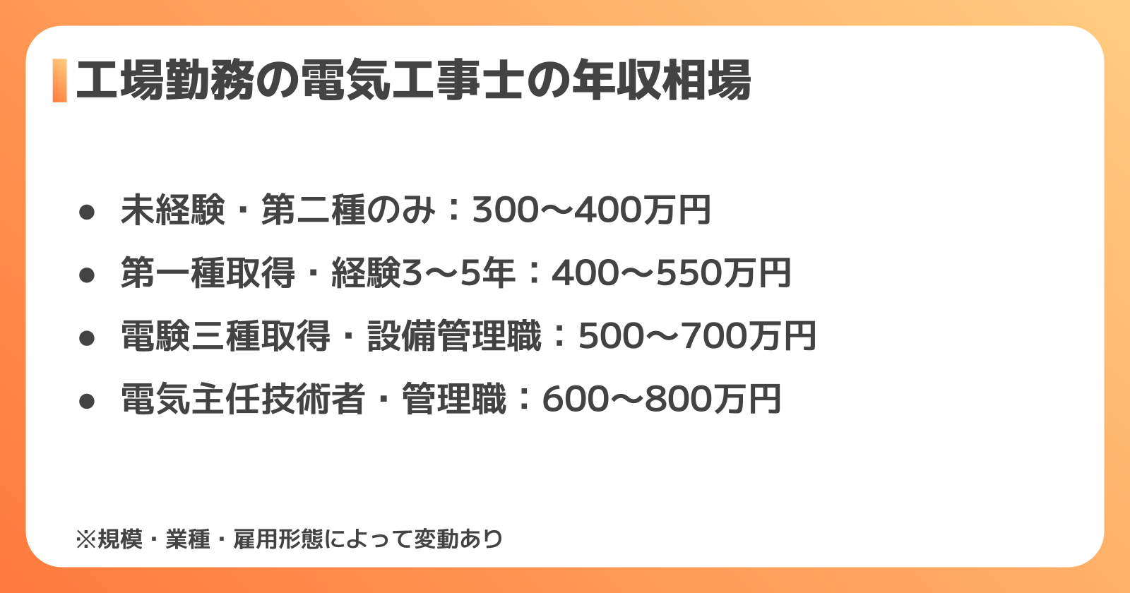 工場勤務の電気工事士の年収と待遇
