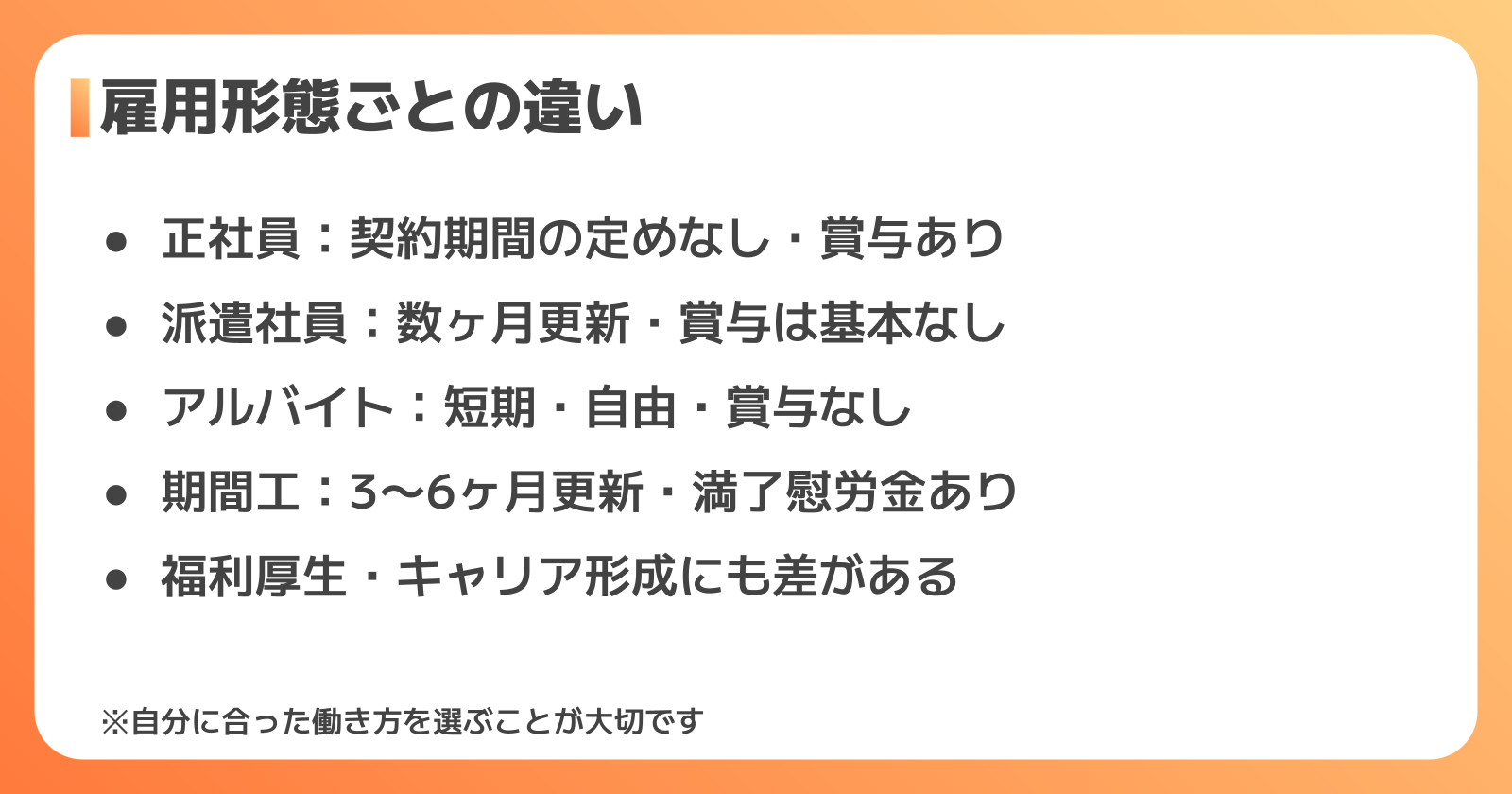 正社員と派遣・アルバイト・期間工の違い