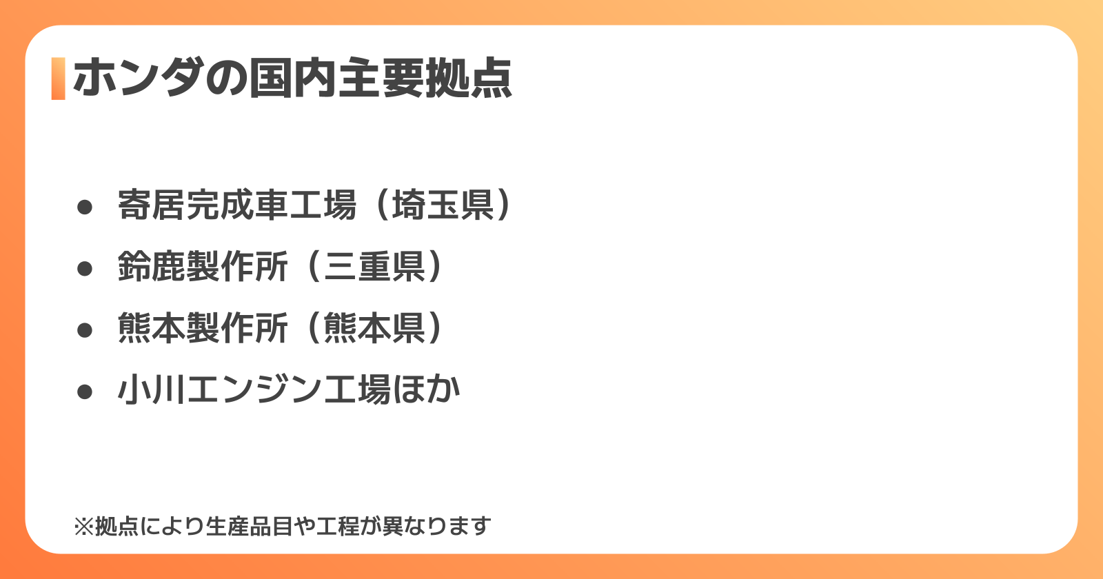 ホンダの国内主要拠点と生産車種