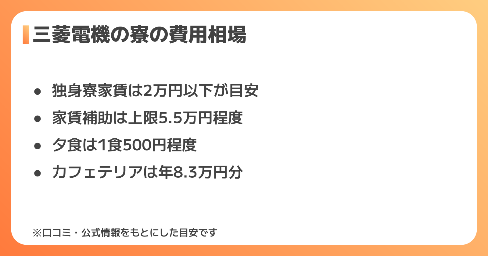 三菱電機の寮の費用相場