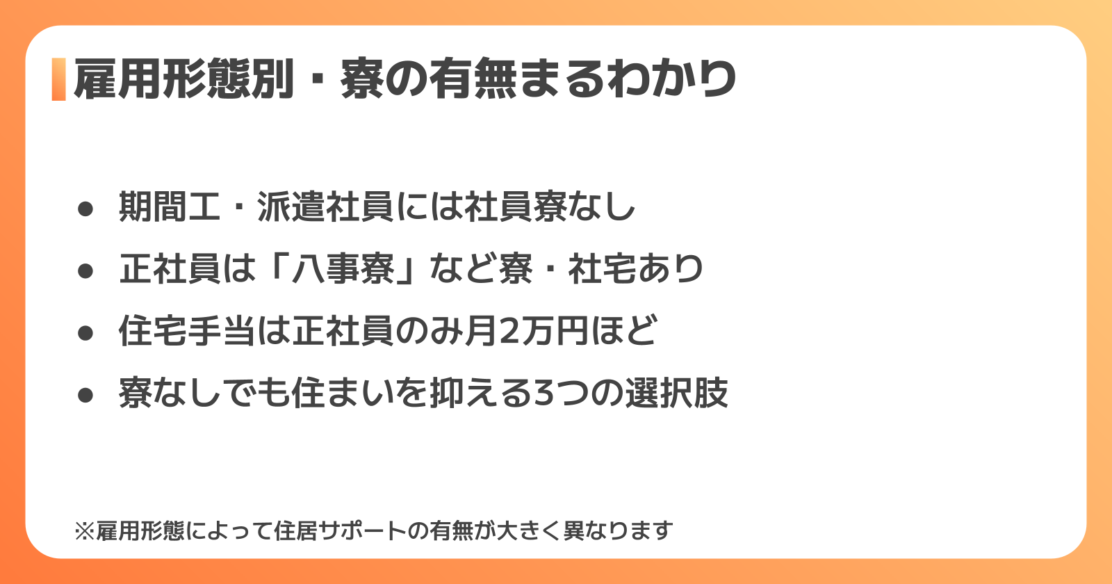 雇用形態別の寮の有無