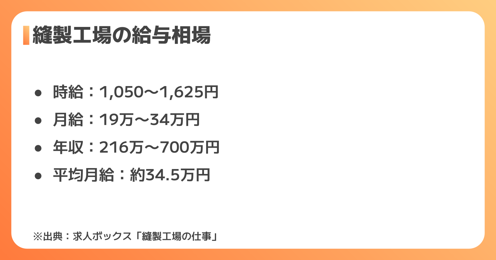 縫製工場の給与・待遇相場【経験別・雇用形態別】