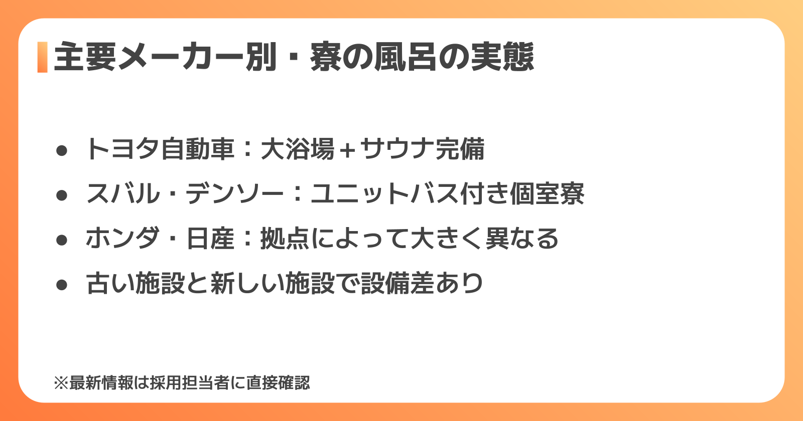 主要メーカー別・寮の風呂の実態