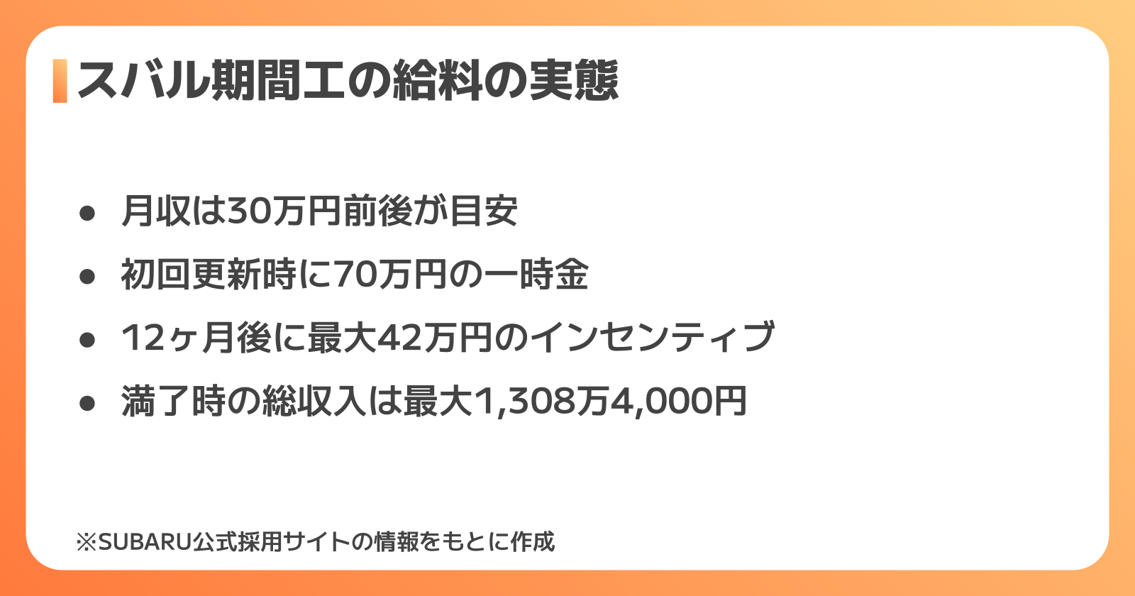 スバル期間工の給料の実態